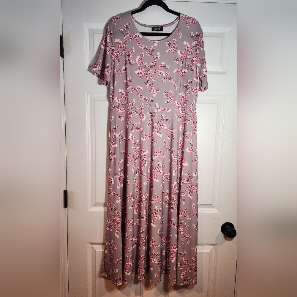 Lbisse Pink Floral Short Sleeve Fit And Flare Maxi Dress